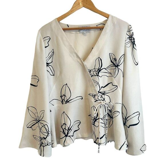 Veronika Maine Ivory and Black Floral Faux Wrap Bell Sleeve Blouse - Picture 1 of 7
